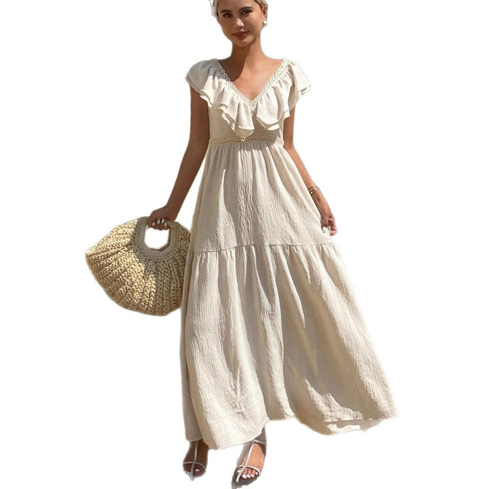 Women’s Summer Loose V-Neck Dress with Flying Sleeves – European & American Style