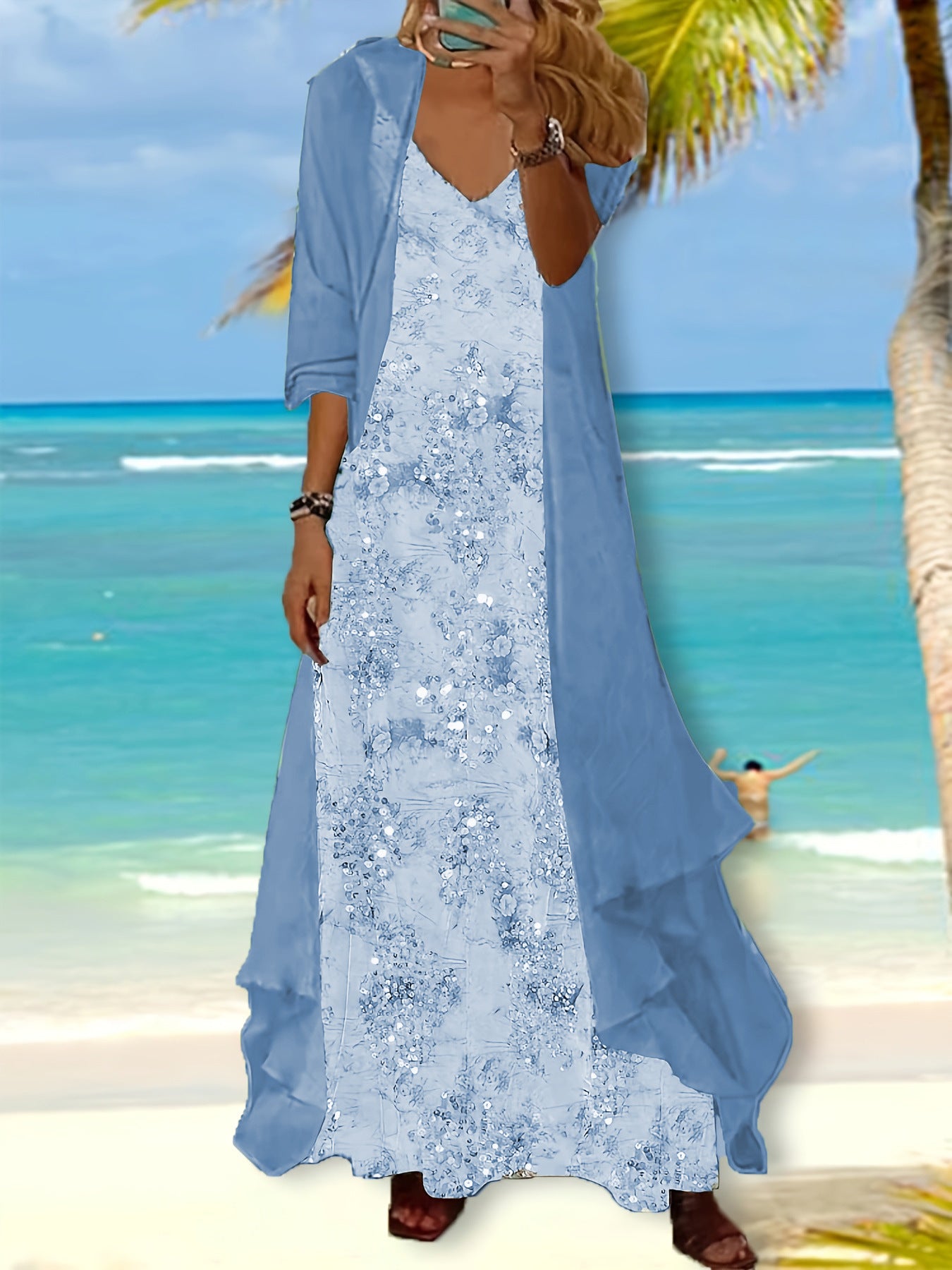 Holiday Floral Print Dress Chiffon Cardigan Two-piece Set