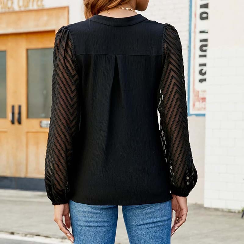 Women's Lace Long Sleeve Chiffon Blouse – V-Neck Dressy Casual Top for Business & Work