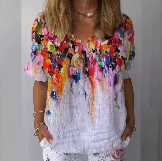 European And American Printed Shirt Casual Round Neck Fashion