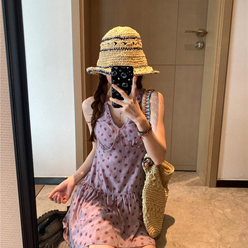 French Style V-neck Sling Dress Summer Waist-controlled Skirt