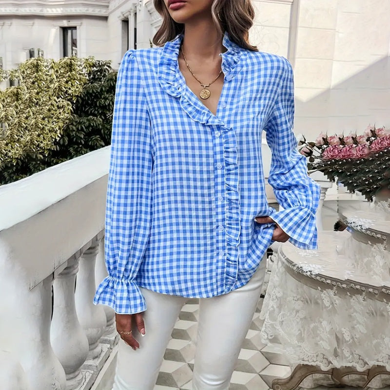 Women's French Style Plaid Shirt - Elegant Checkered Button-Up with Ruffled Cuffs & Stand Collar