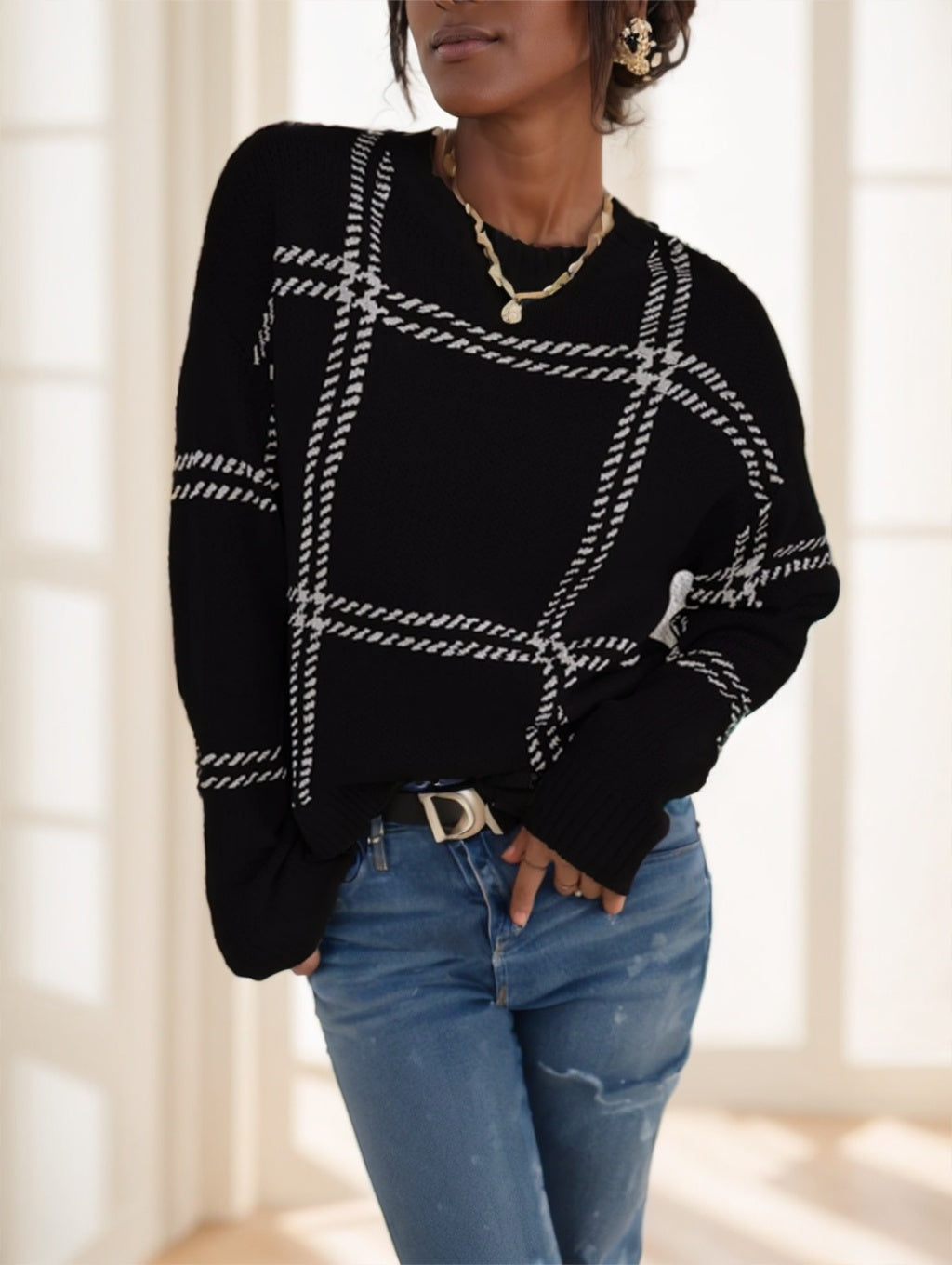 Plaid Pattern Drop Shoulder Sweater Long Sleeve Tops