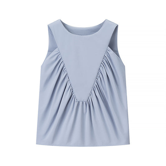 Design Pleated Loose Solid Color Vest Top