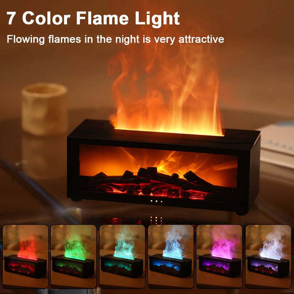 Flame Aromatherapy Diffuser โ 3D Fireplace Effect Humidifier with Colorful LED & Large Fog Output