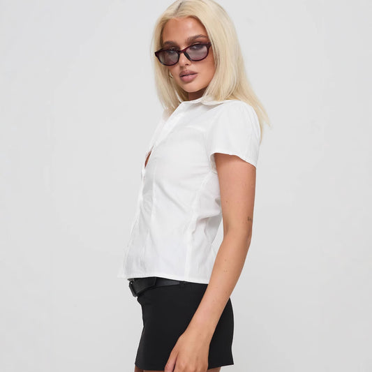 Women's Lace Button-Up Shirt – Casual Short Sleeve Blouse for Summer