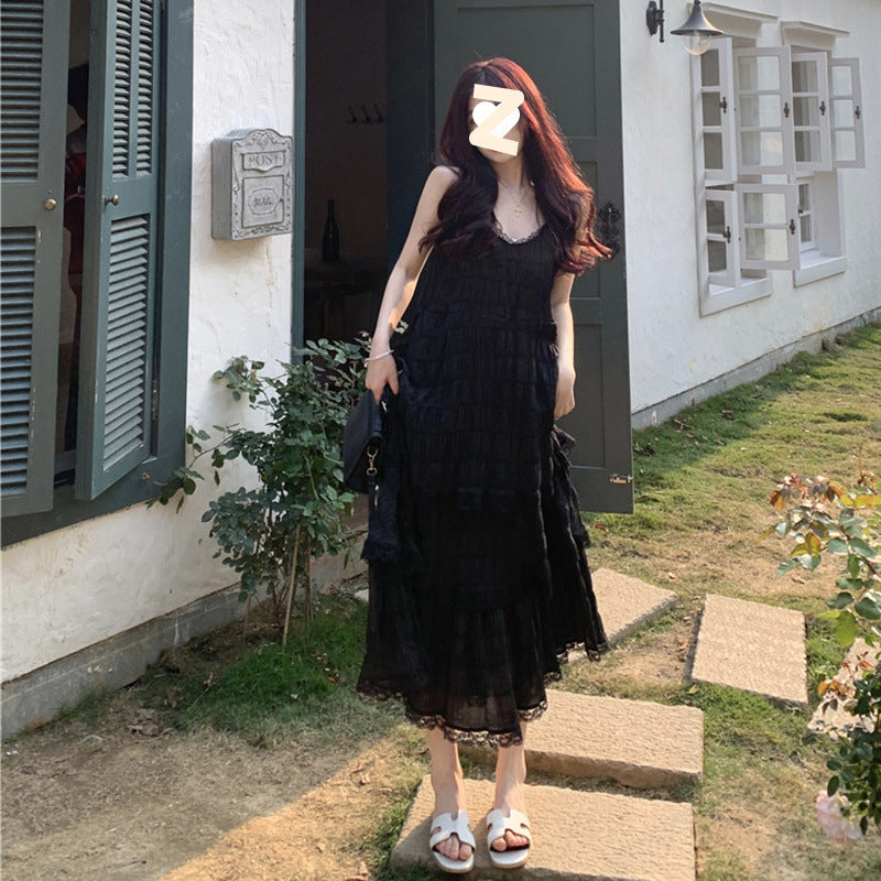 French Strap Summer Vacation Style Small Loose Tiered-Ruffle Long Dress