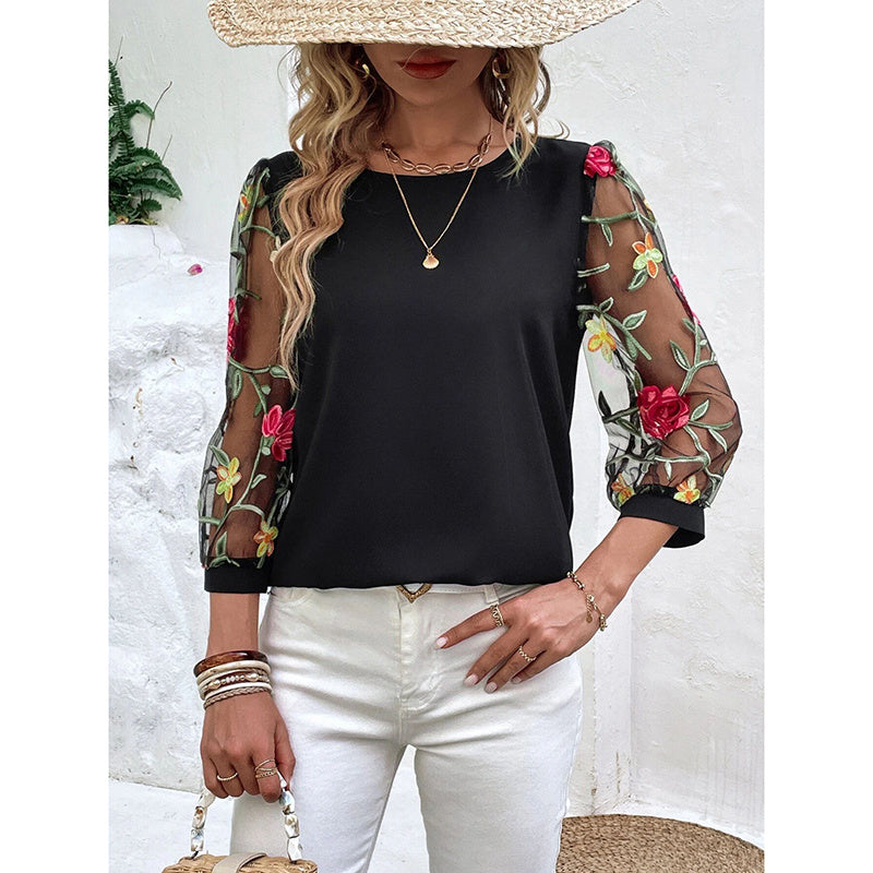Women’s Floral Embroidered Mesh Puff Sleeve Crew Neck Tee Top