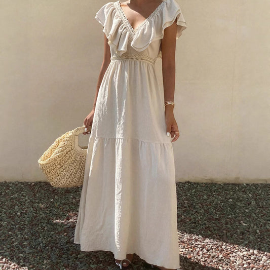 Women’s Summer Loose V-Neck Dress with Flying Sleeves – European & American Style