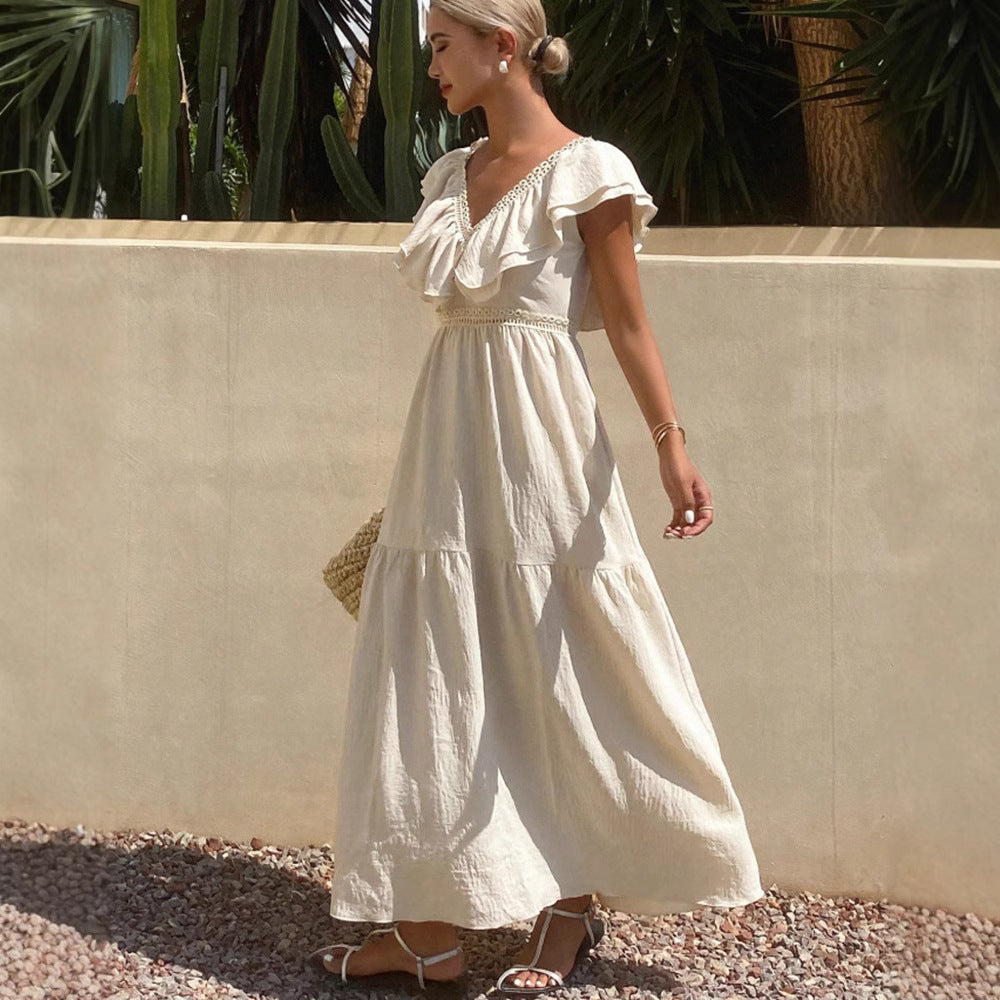 Women’s Summer Loose V-Neck Dress with Flying Sleeves – European & American Style