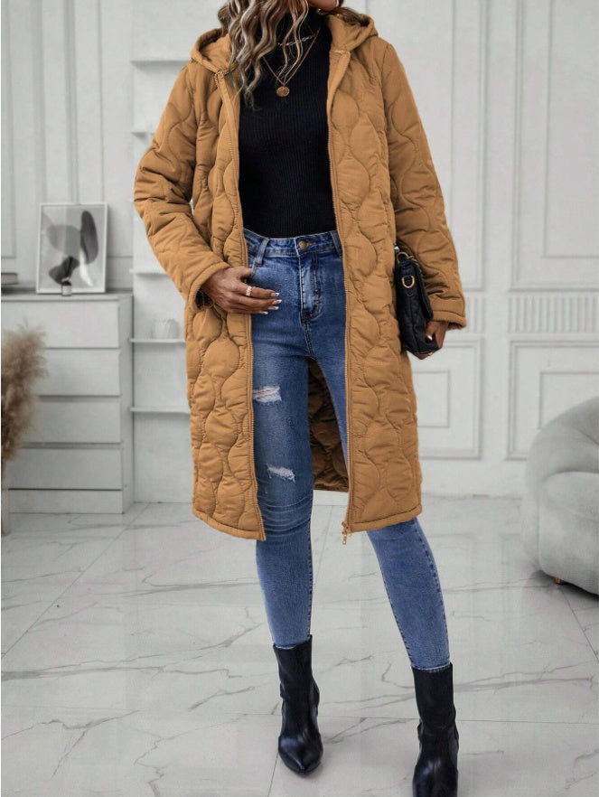 Women's Solid Color Hooded Puffer Coat – Zipper Fly Padded Winter Jacket