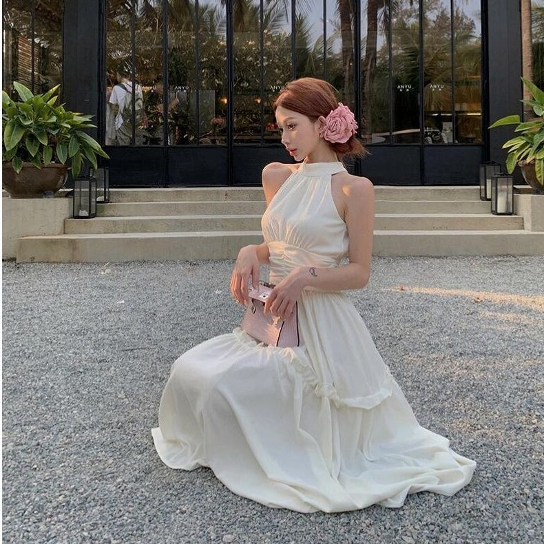 Retro Design Halter Spaghetti Straps Sleeveless Long Jumper Dress