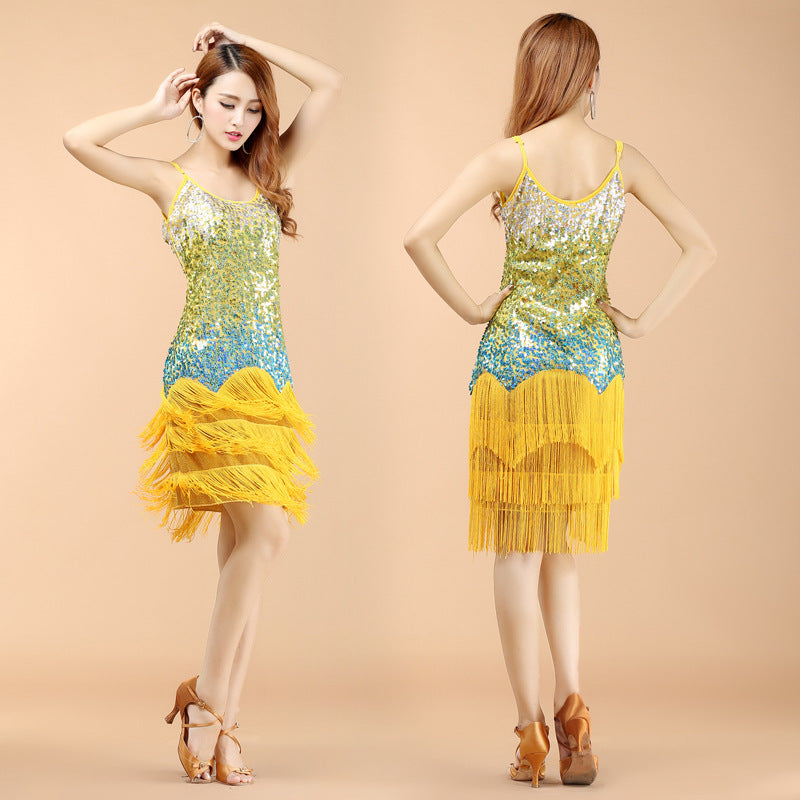 Sequined Suspender Latin Dance Tassel Dress