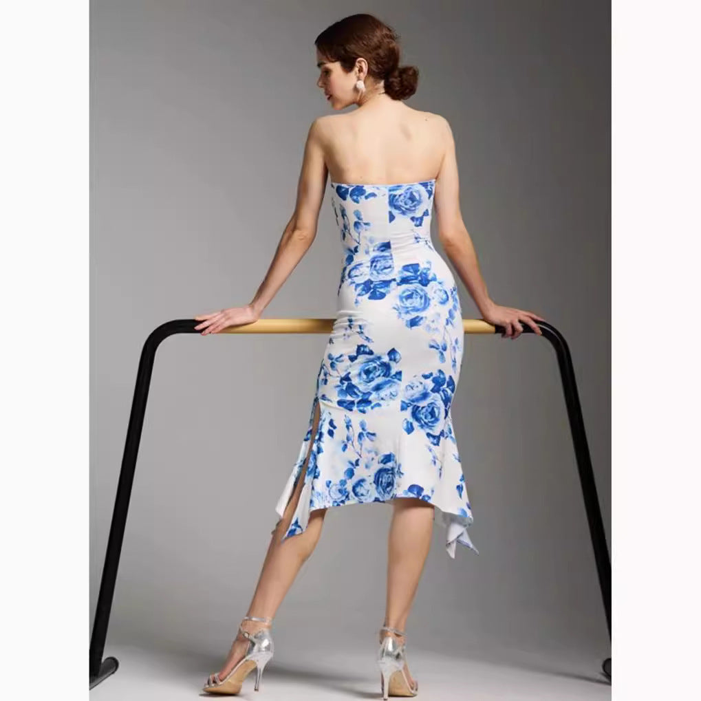 Chinese Print Tube Top Dress Blue And White Porcelain Sheath Fishtail Skirt