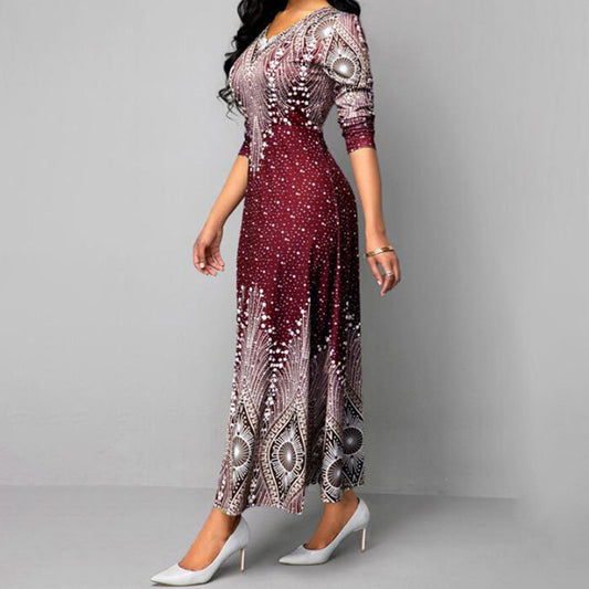 Women's Plus Size Elegant V-Neck Long Sleeve A-Line Dress With Starry Sky Print, Slim-Fit Flowy Maxi Dress For Holiday & Party Wear