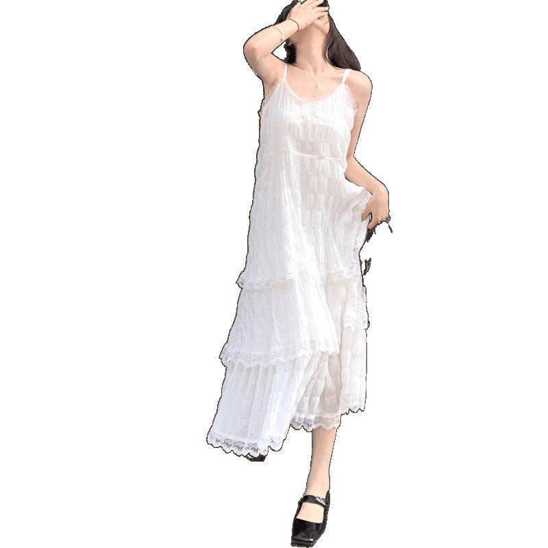 French Strap Summer Vacation Style Small Loose Tiered-Ruffle Long Dress