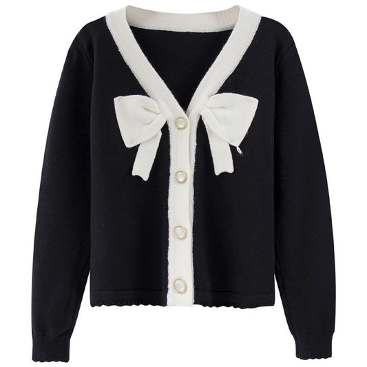 Women's Loose Contrast Color Bow Knit Cardigan Sweater – Single-Breasted Button Down
