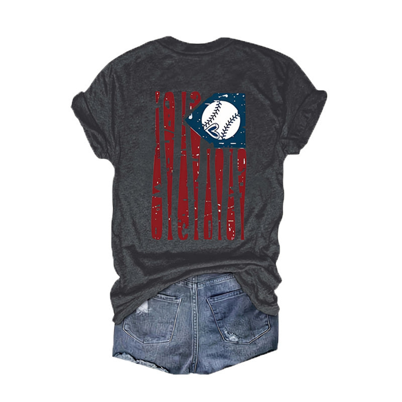 Women’s Baseball Graphic Print Round Neck Summer Tee – Casual Front & Back T-Shirt