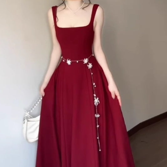 Women's Red Slip Dress – French Style Summer Sleeveless Dress with Square Neckline