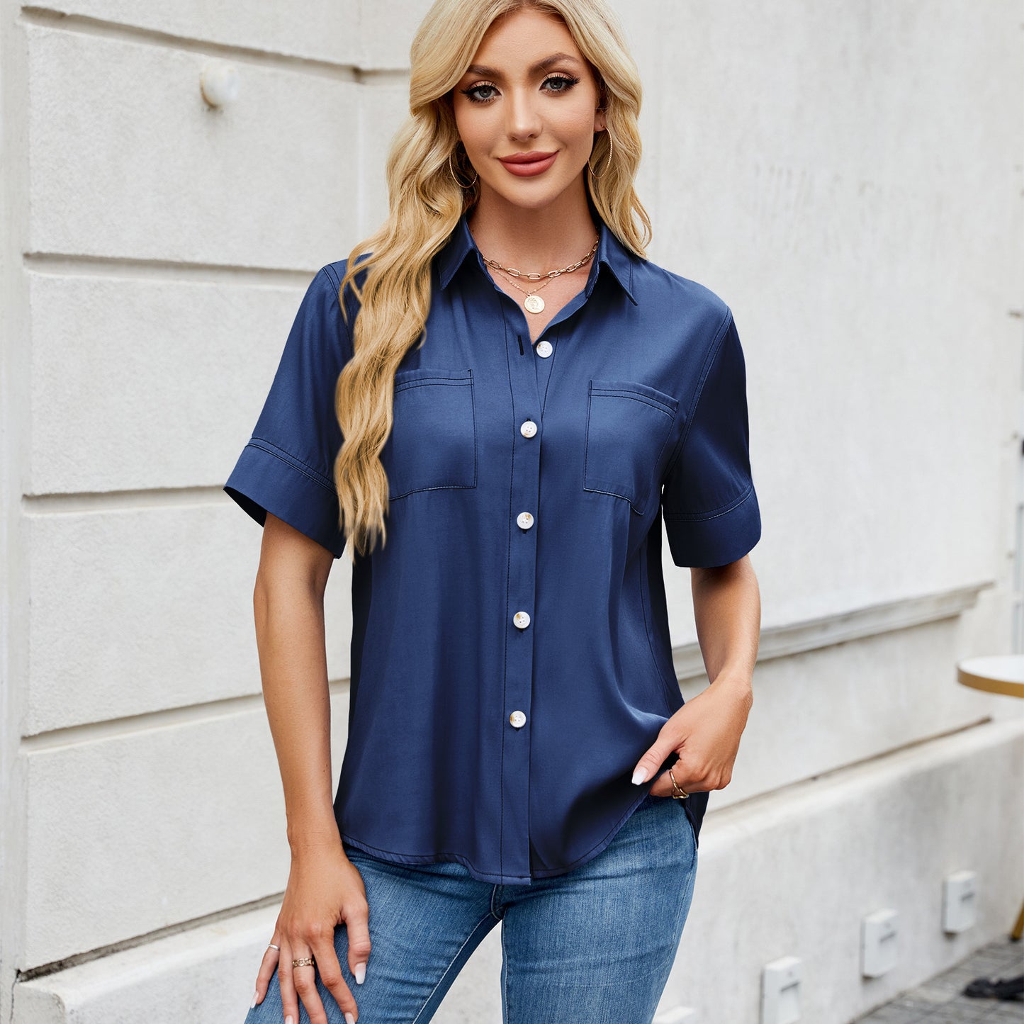Women's One Breasted Faux Denim Short Sleeve Loose Shirt