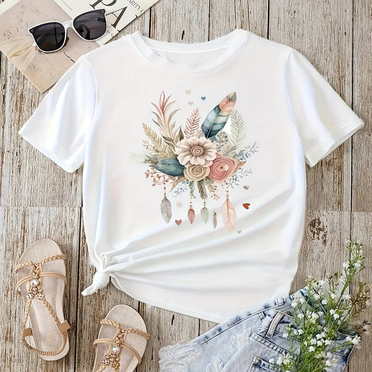 Women's Floral & Leaf Print Round Neck Tee - Summer Casual Basic T-Shirt