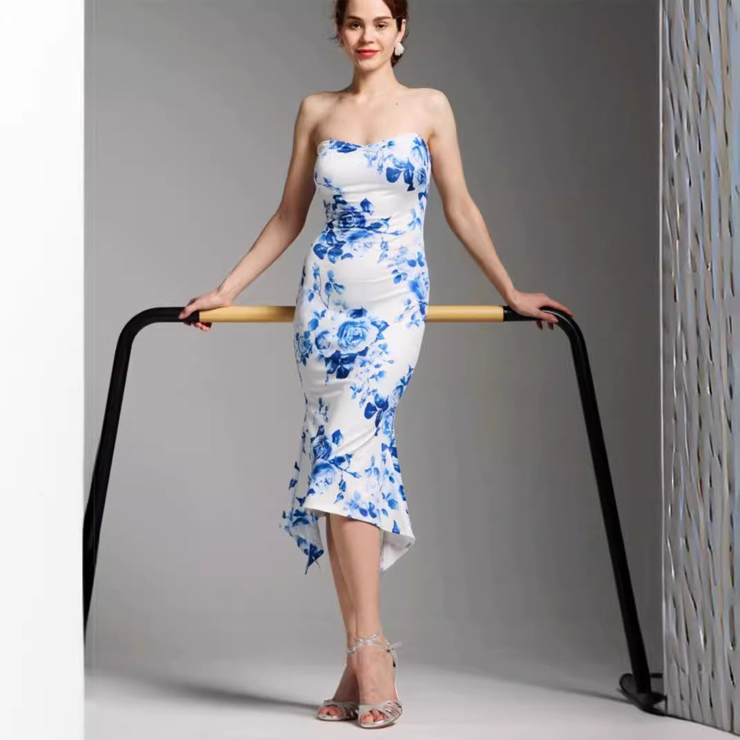 Chinese Print Tube Top Dress Blue And White Porcelain Sheath Fishtail Skirt