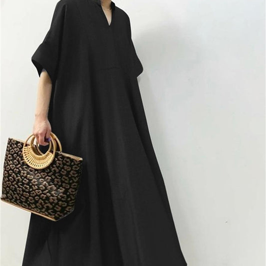 Women's Solid Color Long Dress – Half Sleeve Elegant Maxi Dress for Casual & Formal Wear