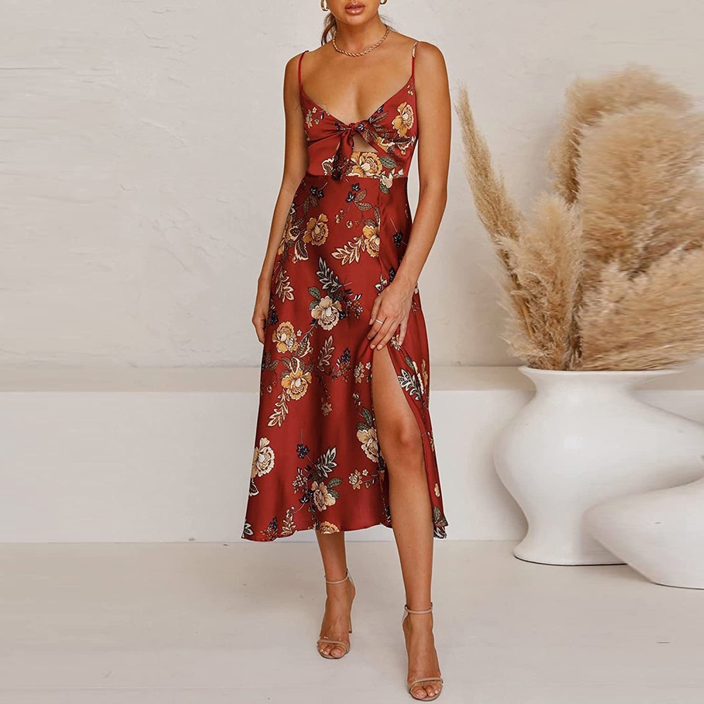 Women's Casual V-neck Spaghetti-strap Floral Print Bow Beach Backless Dress