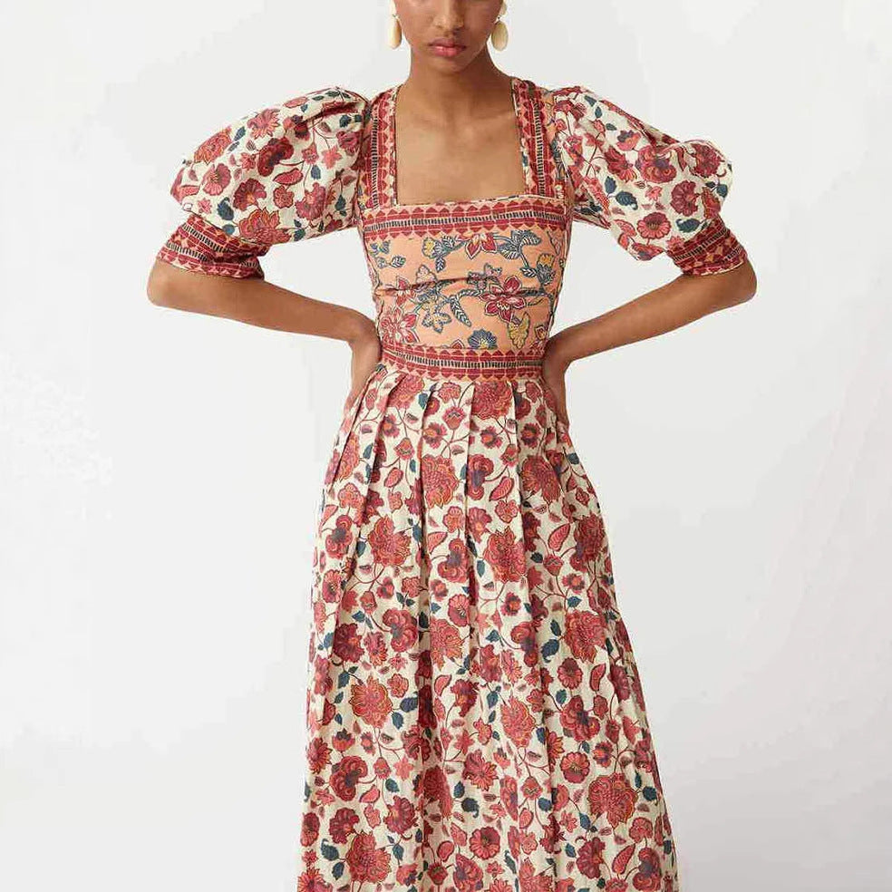 Casual Print Top Square Collar Skirt Two-piece Suit