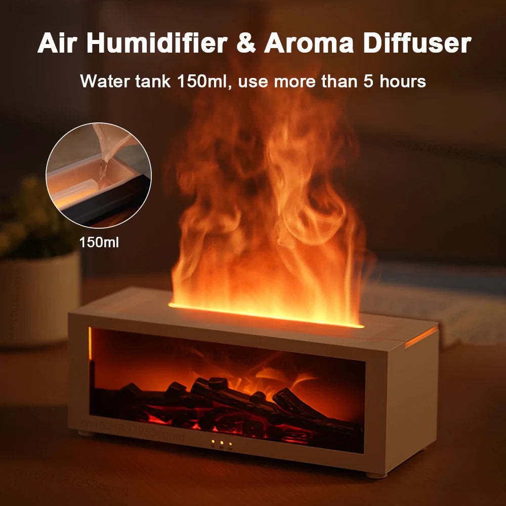 Flame Aromatherapy Diffuser โ 3D Fireplace Effect Humidifier with Colorful LED & Large Fog Output