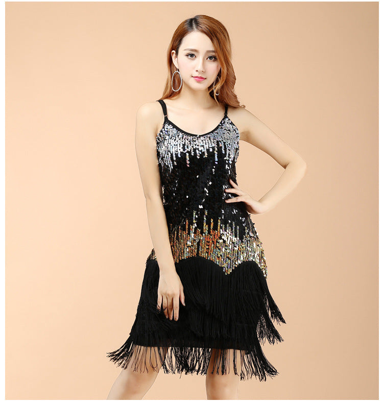 Sequined Suspender Latin Dance Tassel Dress