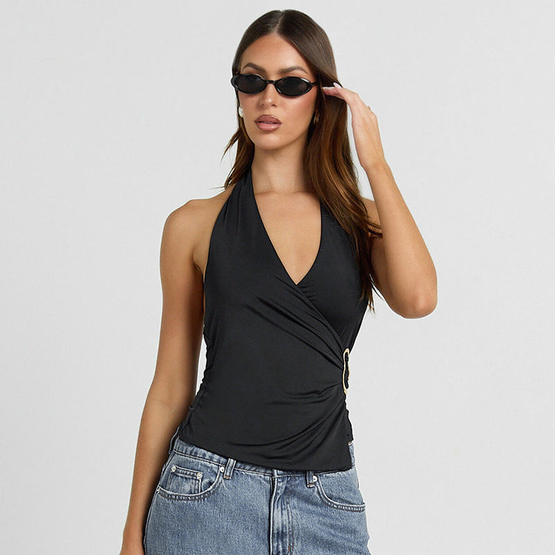 Women’s V-Neck Sleeveless Pleated Crop Top – Navel-Length Suspender Style