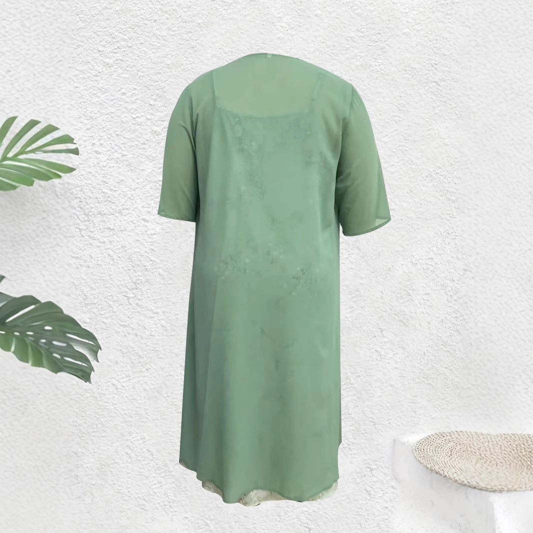 Holiday Floral Print Dress Chiffon Cardigan Two-piece Set