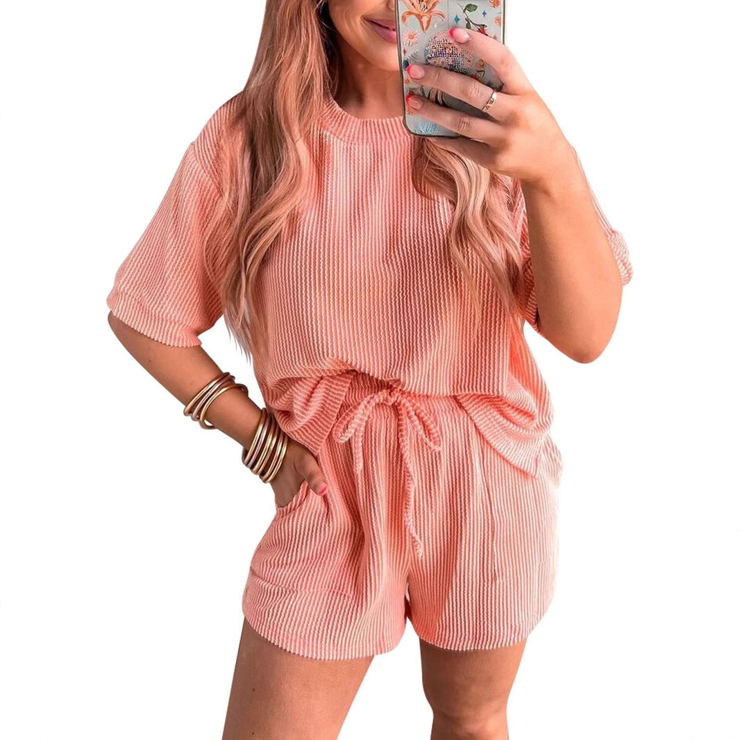 Short-sleeved Wavy Round Neck Top Elastic Waist Shorts Two-piece Set