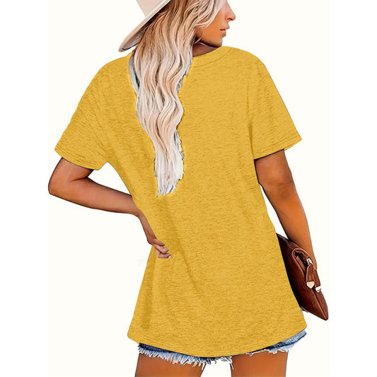 Women's Yellow Round Neck Short Sleeve T-Shirt - Casual Summer Top With English Print