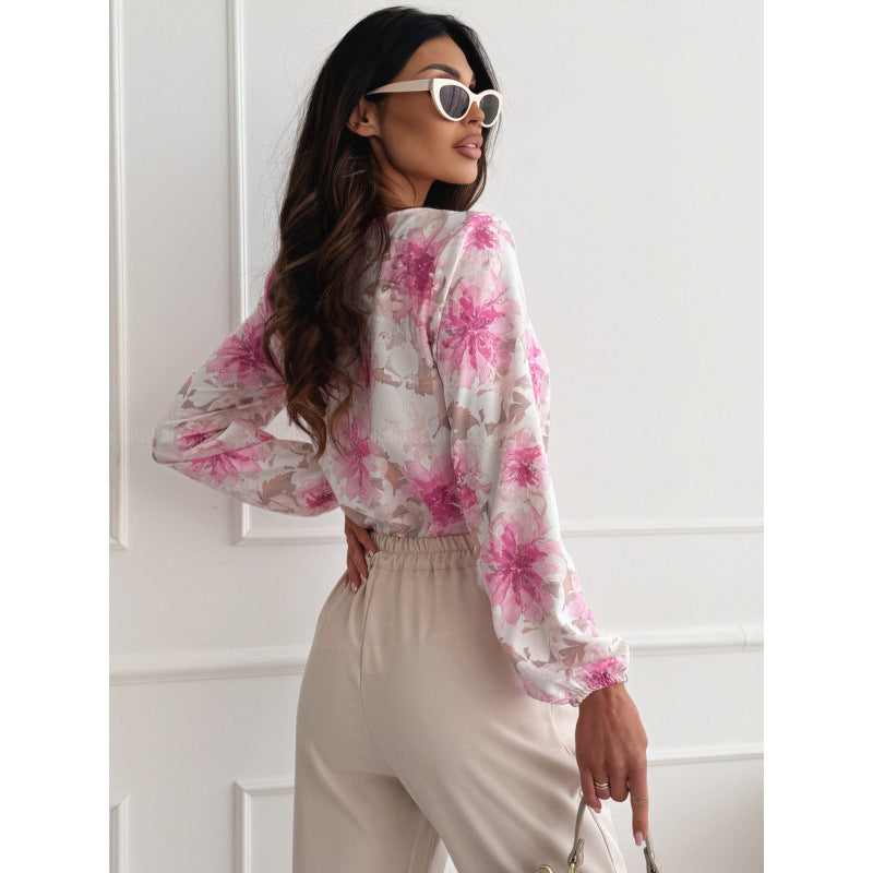 Women's All-match Long-sleeved V-neck Printed Shirt