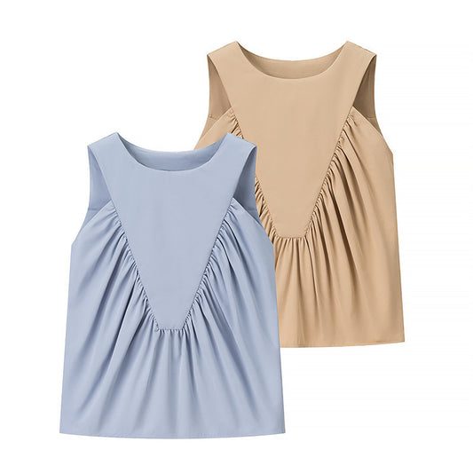 Design Pleated Loose Solid Color Vest Top