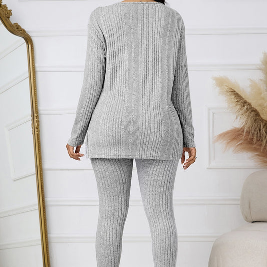 Women's Knitted V-Neck Top & Split Hem Pants Set – 2-Piece Casual Autumn Winter Outfit