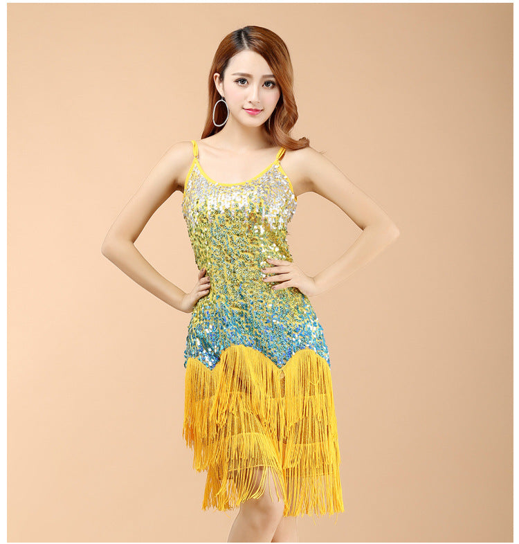 Sequined Suspender Latin Dance Tassel Dress