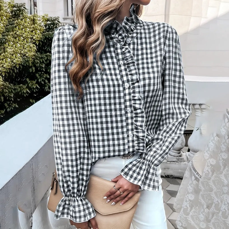Women's French Style Plaid Shirt - Elegant Checkered Button-Up with Ruffled Cuffs & Stand Collar