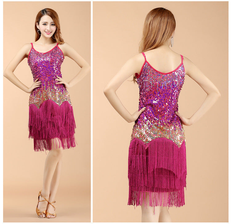Sequined Suspender Latin Dance Tassel Dress