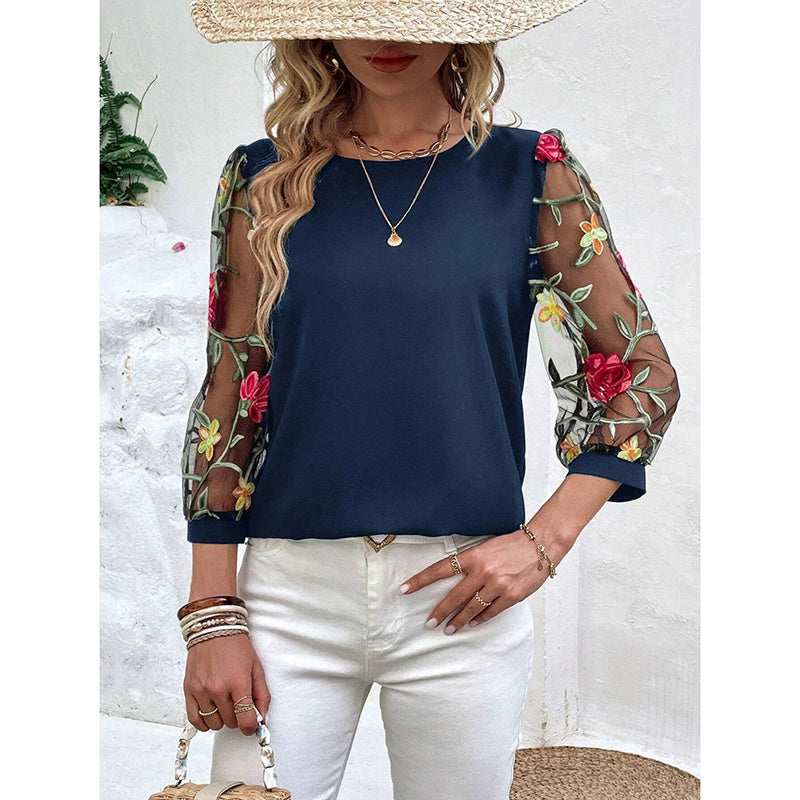 Women’s Floral Embroidered Mesh Puff Sleeve Crew Neck Tee Top