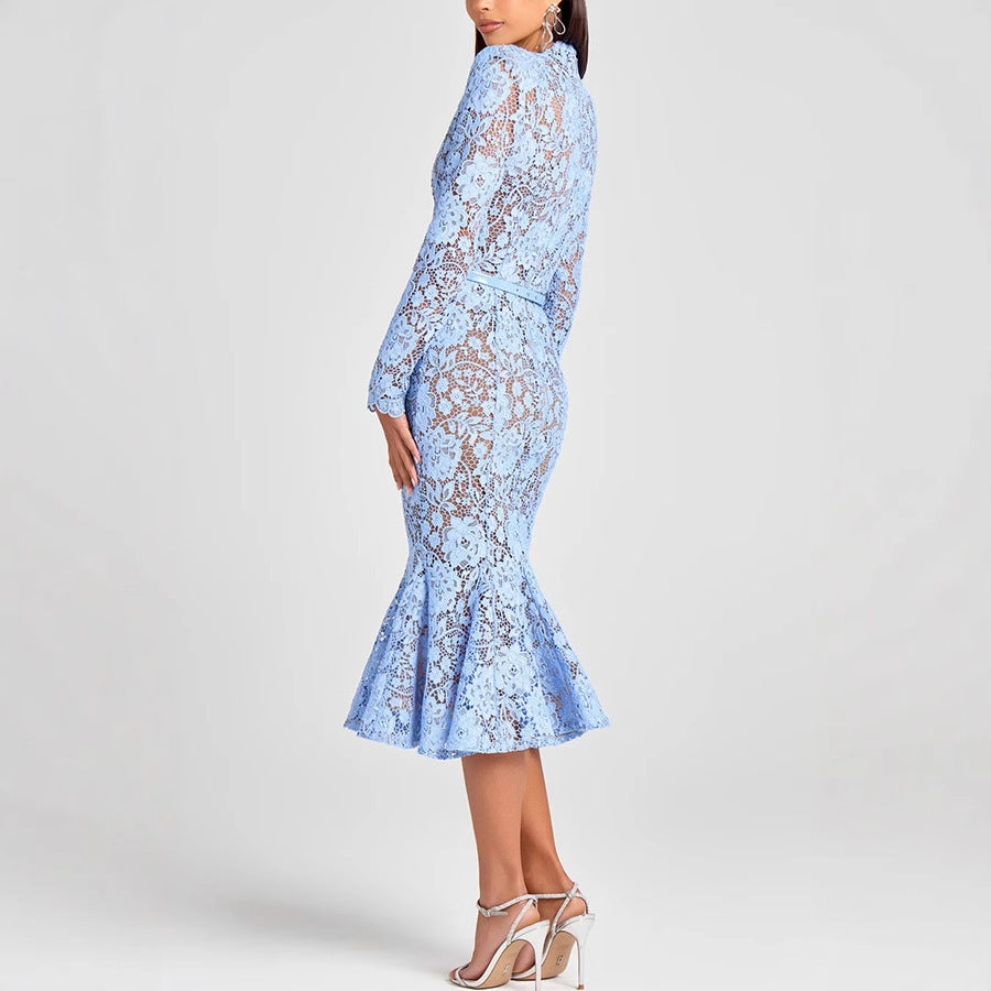 Women's Slim Fit Fishtail Lace Dress – Sheer Long Sleeve Belted Hollow-Out Evening Gown