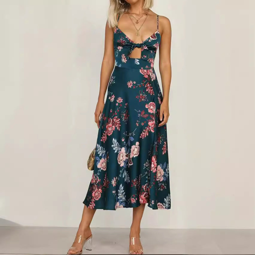 Women's Casual V-neck Spaghetti-strap Floral Print Bow Beach Backless Dress
