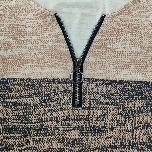 Women's Geometric Color Block V-Neck Zip Detail Long Sleeve T-Shirt - Spring&Fall Casual Slim Fit Top