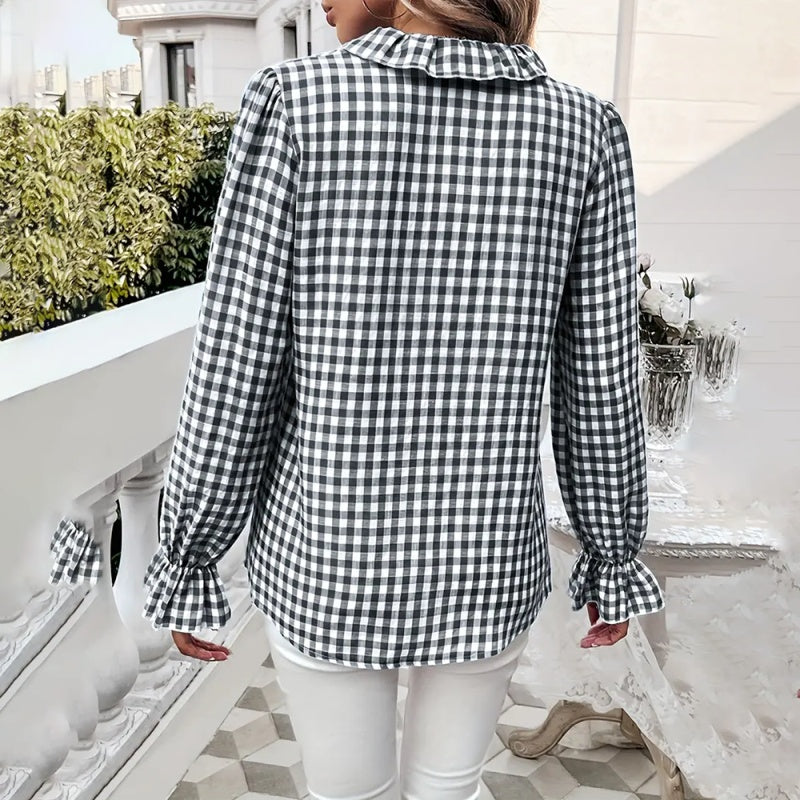 Women's French Style Plaid Shirt - Elegant Checkered Button-Up with Ruffled Cuffs & Stand Collar