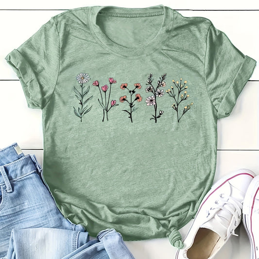 Women's Round Neck Short Sleeve T-Shirt - 5 Flower Patterns Casual Summer Top