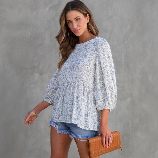 Women's Loose Floral Print Top – Lantern Short Sleeve Casual Summer Blouse