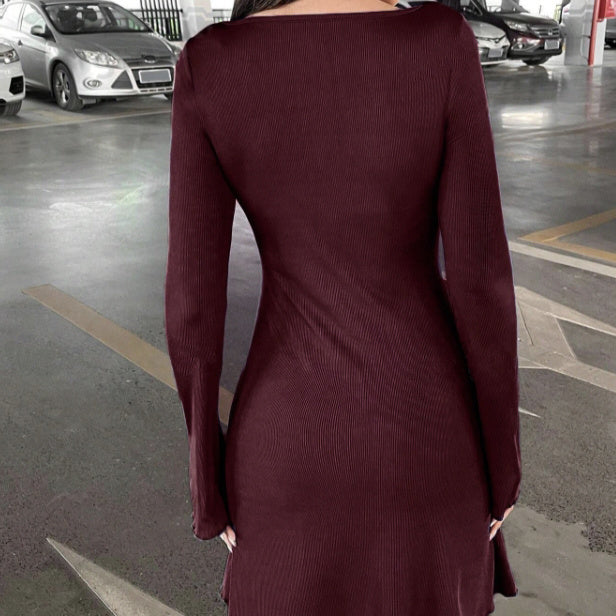 Women's Autumn & Winter Slim Fit Dress with Stylish Black Fungus Cuffs – Trendy Solid Color Bag-Hip Design