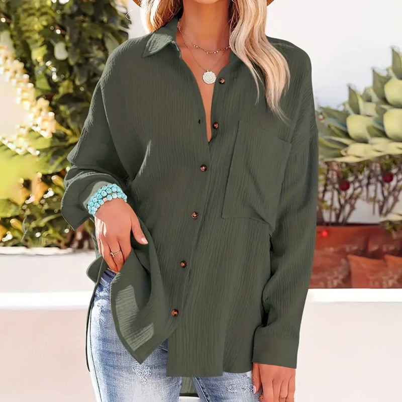 Women's Solid V-Neck Long Sleeve Blouse – Textured Button-Up Casual Shirt for Spring & Fall